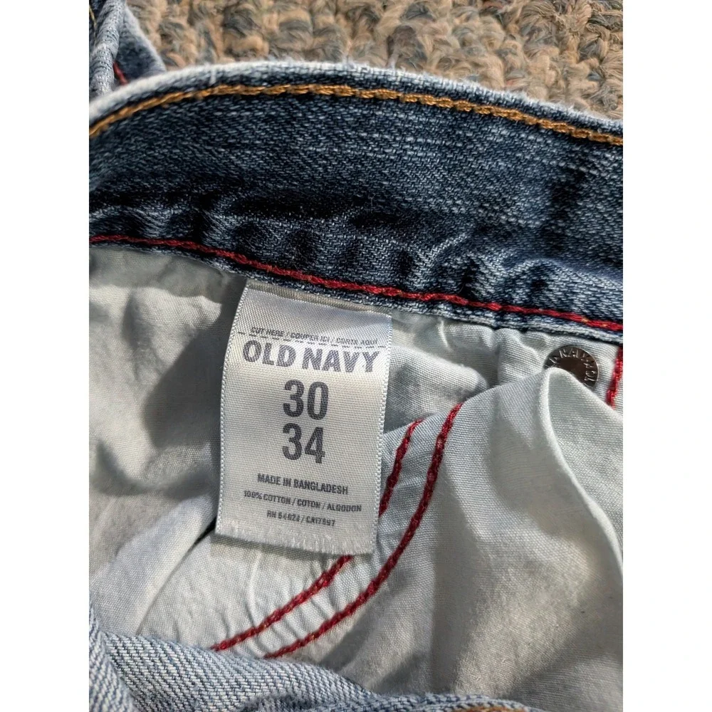 Old Navy Men Custom Bleached Flame Straight Leg Jeans Blue Denim 30x34 Y2K Style